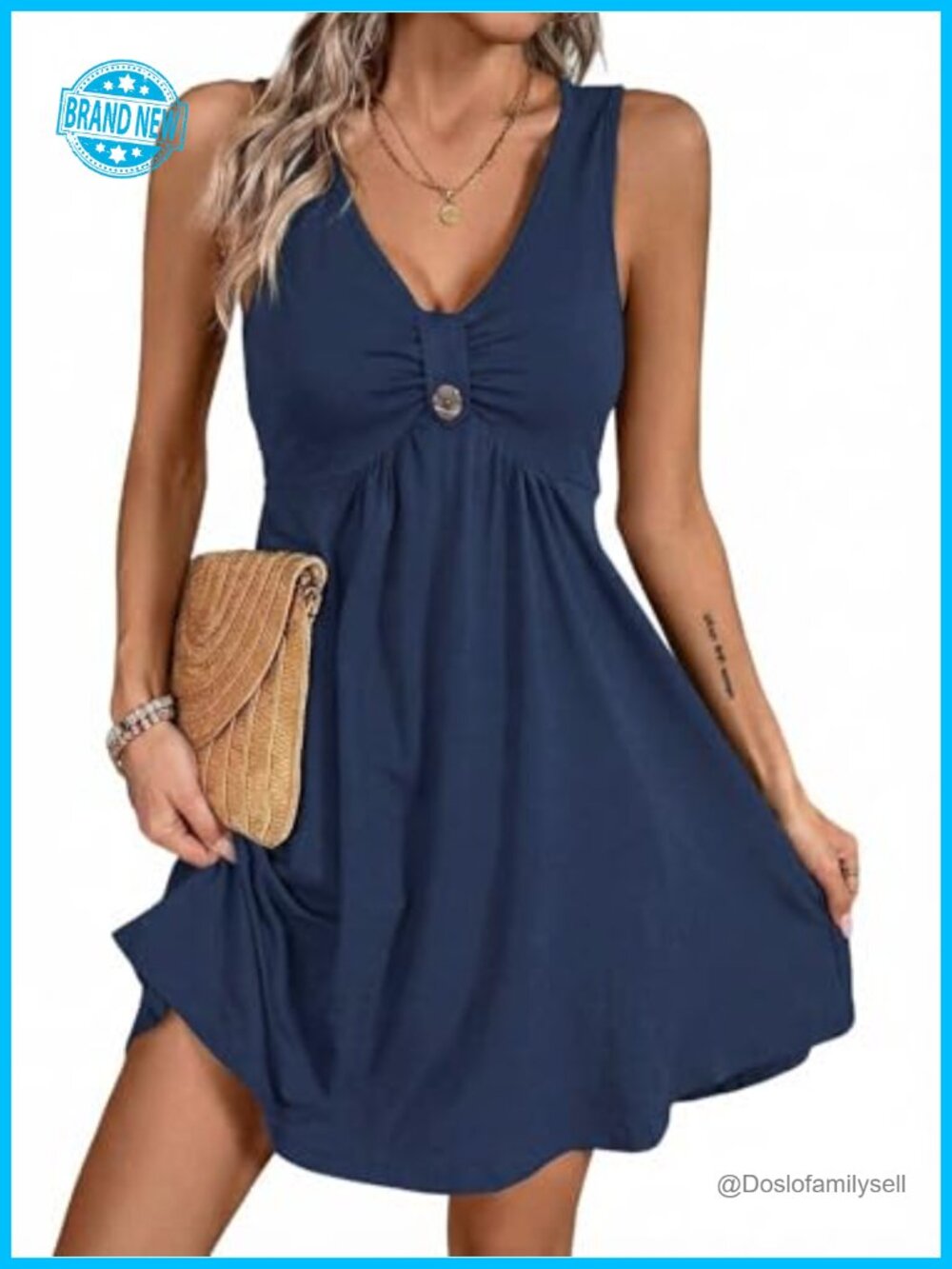 Womens Casual Summer Sleeveless V-Neck A-Line Mini Dress Ruffle Hem